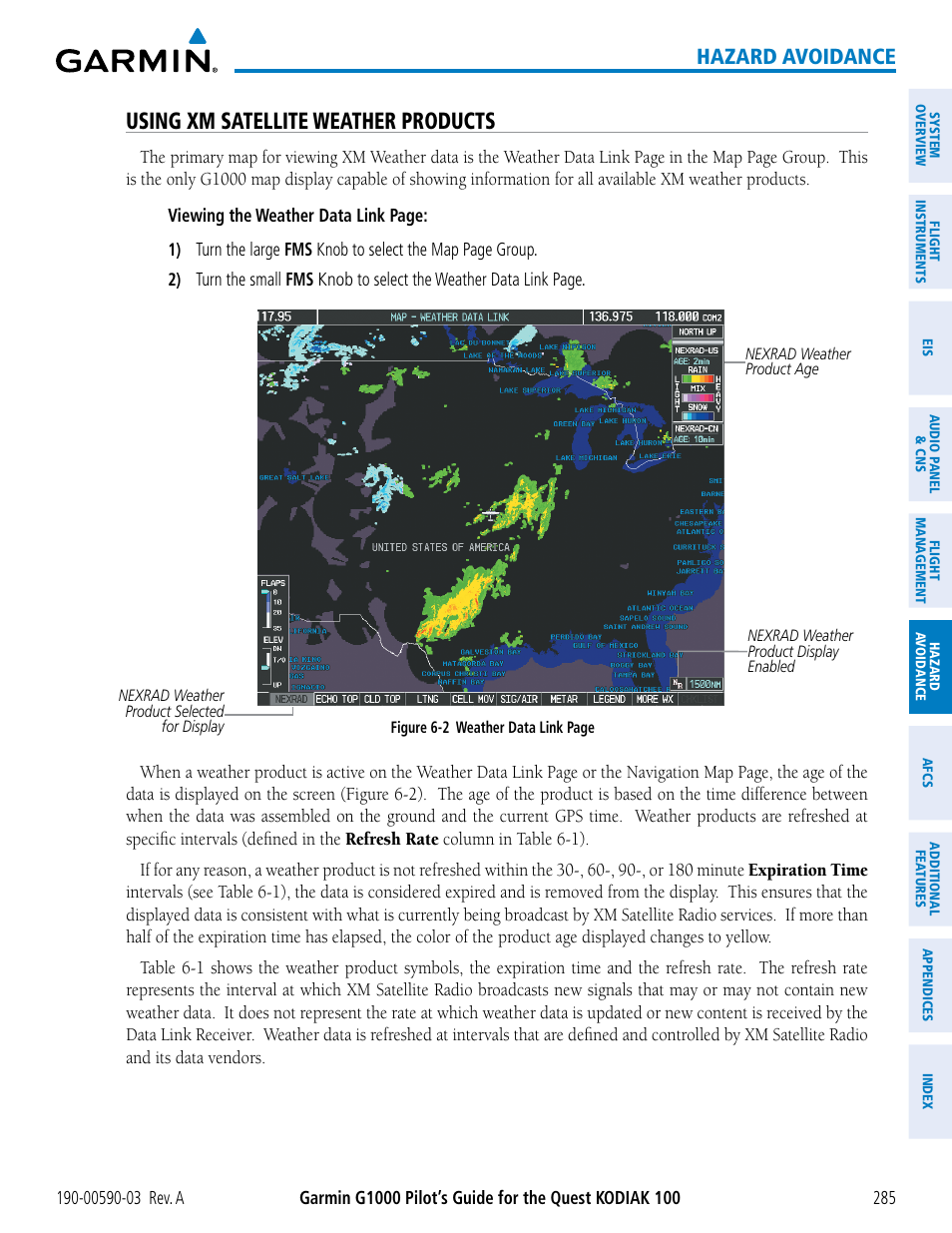 Using xm satellite weather products, Hazard avoidance | Garmin G1000 Quest Kodiak User Manual | Page 297 / 502