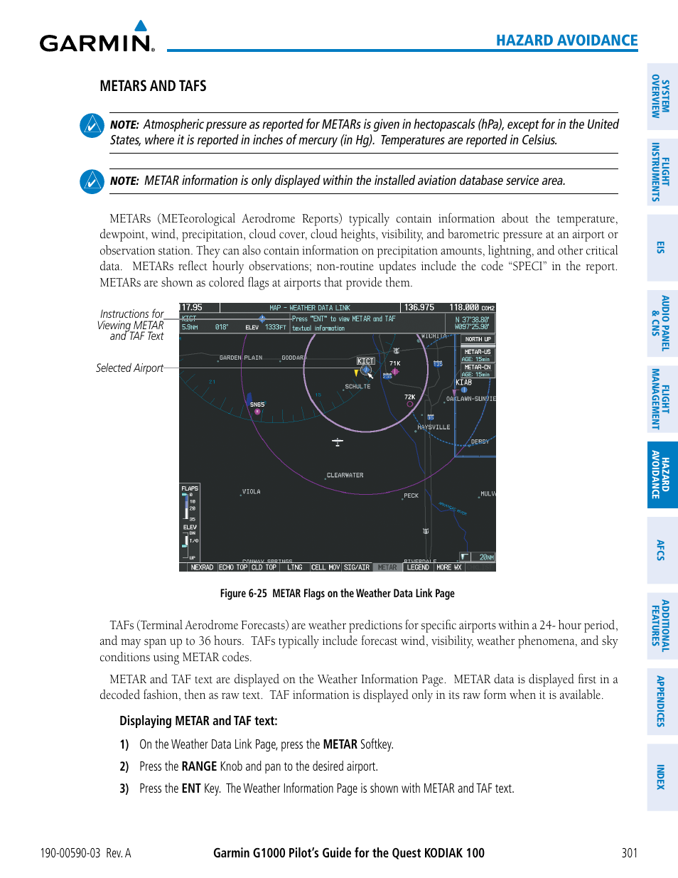 Hazard avoidance metars and tafs | Garmin G1000 Quest Kodiak User Manual | Page 313 / 502