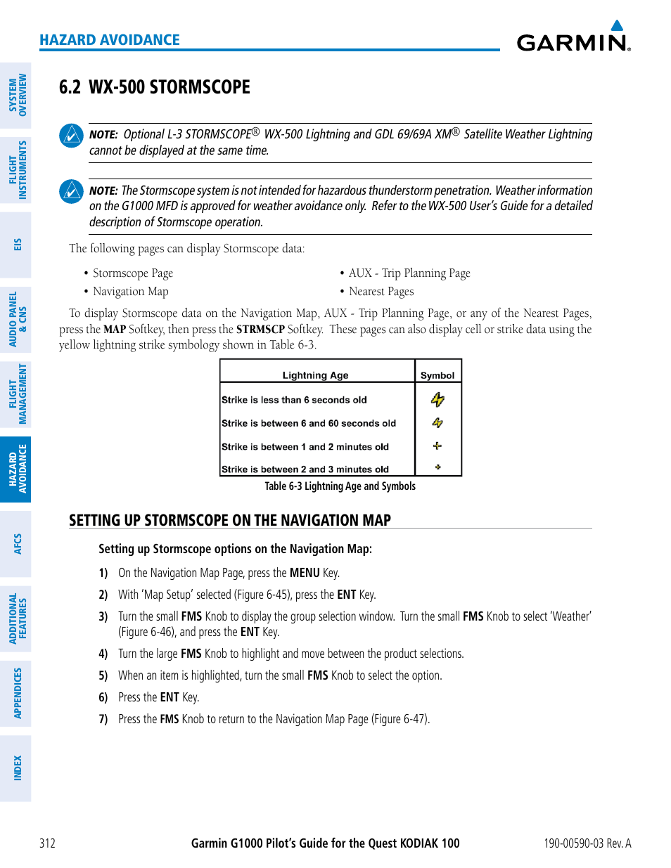 2 wx-500 stormscope, Setting up stormscope on the navigation map, Hazard avoidance | Garmin G1000 Quest Kodiak User Manual | Page 324 / 502