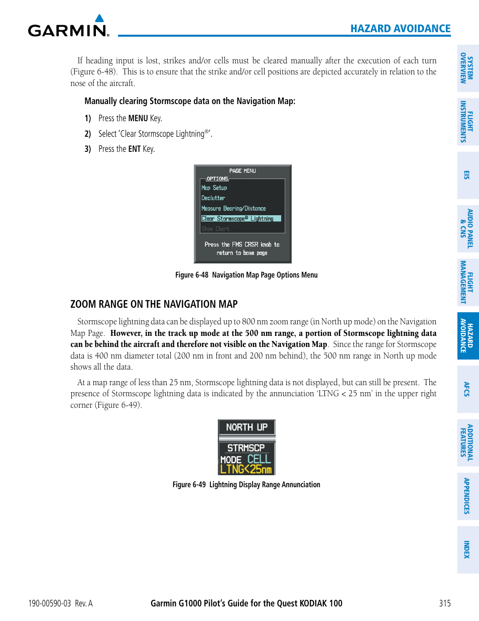 Hazard avoidance, Zoom range on the navigation map | Garmin G1000 Quest Kodiak User Manual | Page 327 / 502