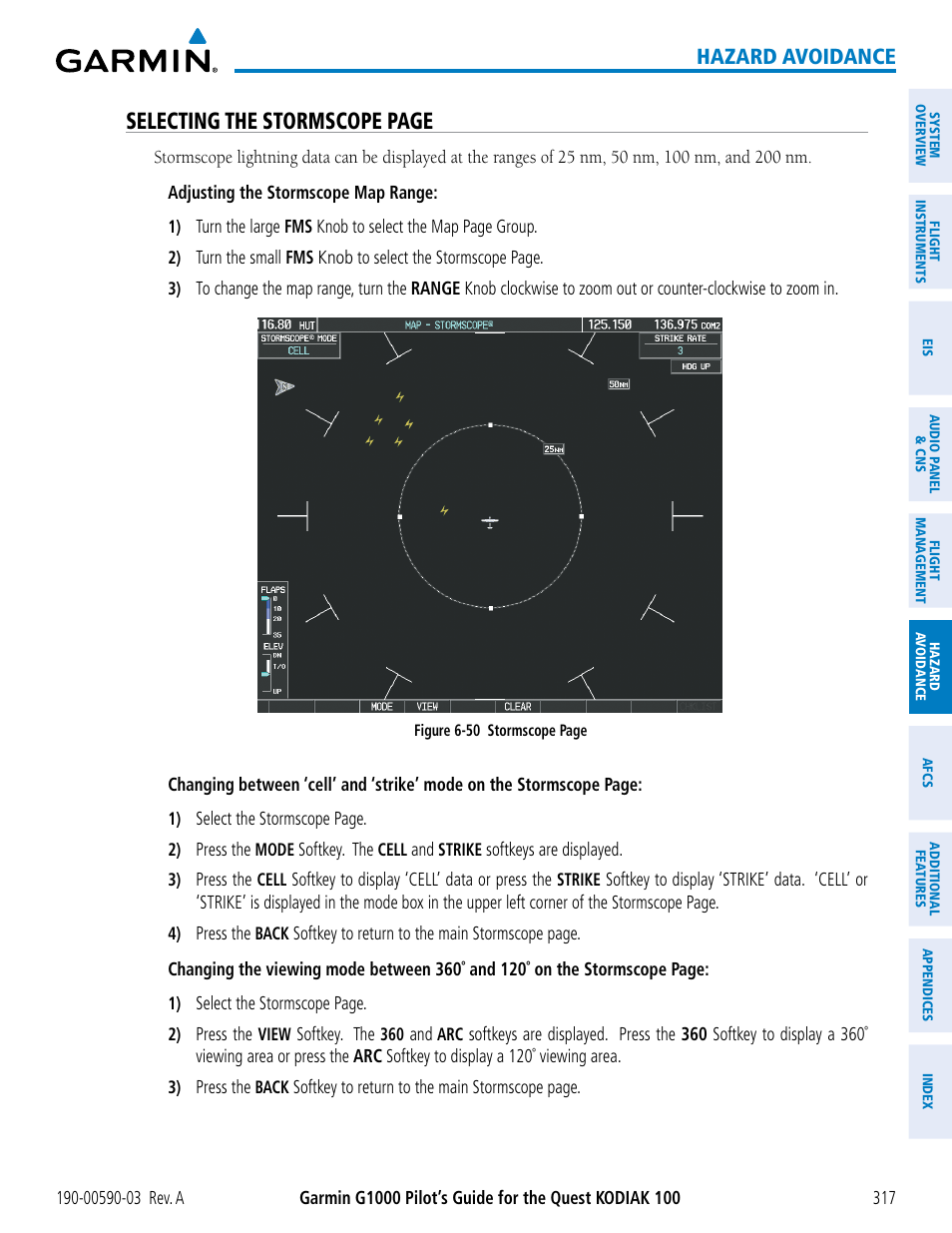 Selecting the stormscope page, Hazard avoidance | Garmin G1000 Quest Kodiak User Manual | Page 329 / 502