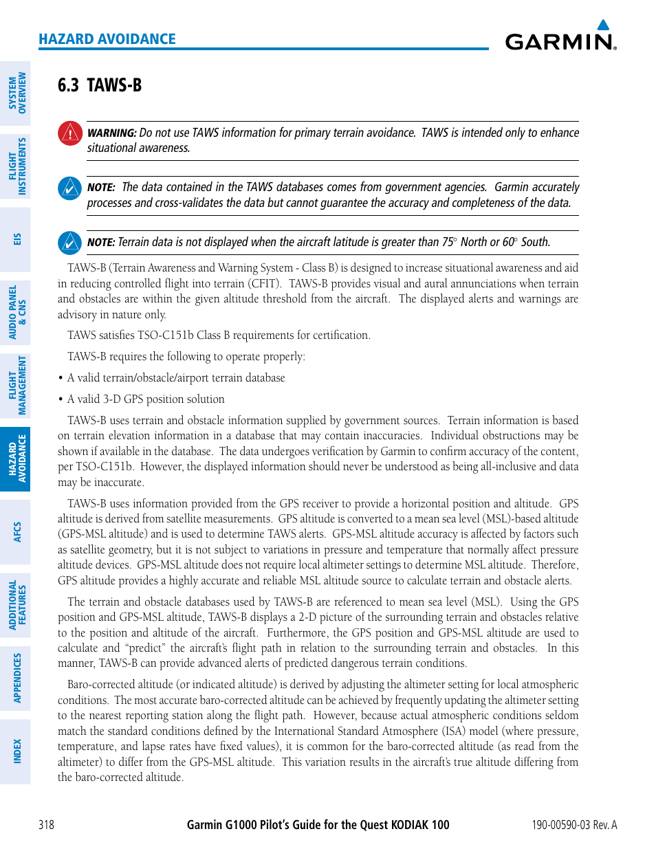 3 taws-b, Hazard avoidance | Garmin G1000 Quest Kodiak User Manual | Page 330 / 502