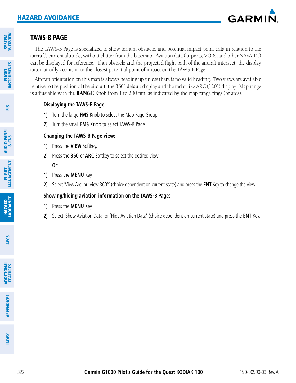 Taws-b page, Hazard avoidance | Garmin G1000 Quest Kodiak User Manual | Page 334 / 502