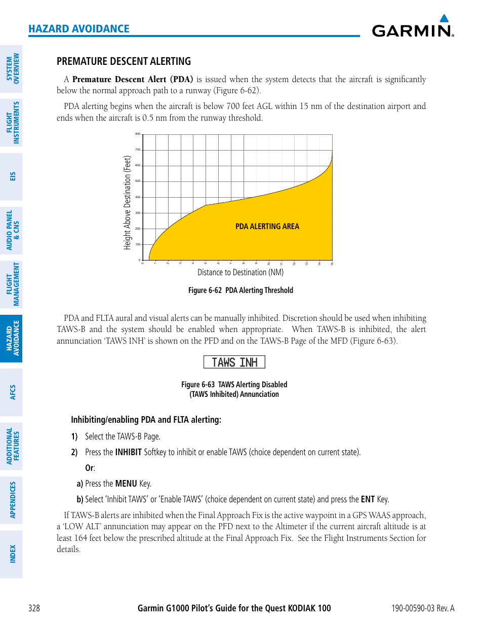 Hazard avoidance premature descent alerting, Inhibiting/enabling pda and flta alerting, Select the taws-b page | Press the menu key | Garmin G1000 Quest Kodiak User Manual | Page 340 / 502