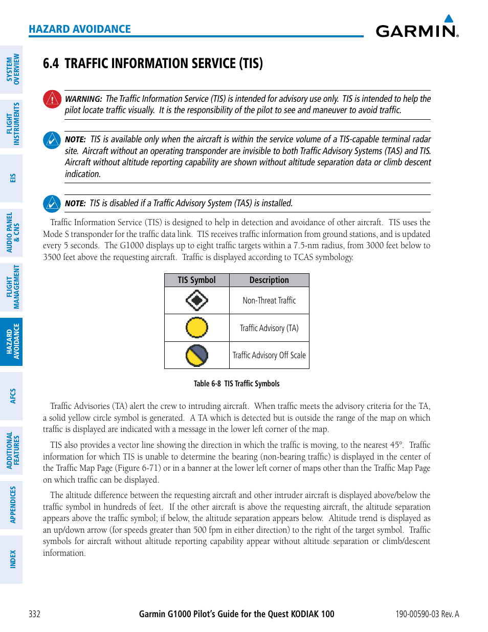 4 traffic information service (tis), Hazard avoidance | Garmin G1000 Quest Kodiak User Manual | Page 344 / 502