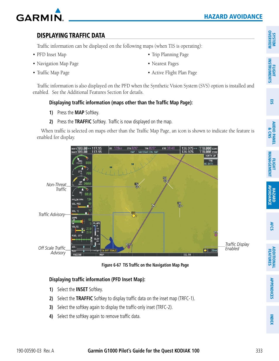 Displaying traffic data, Hazard avoidance | Garmin G1000 Quest Kodiak User Manual | Page 345 / 502