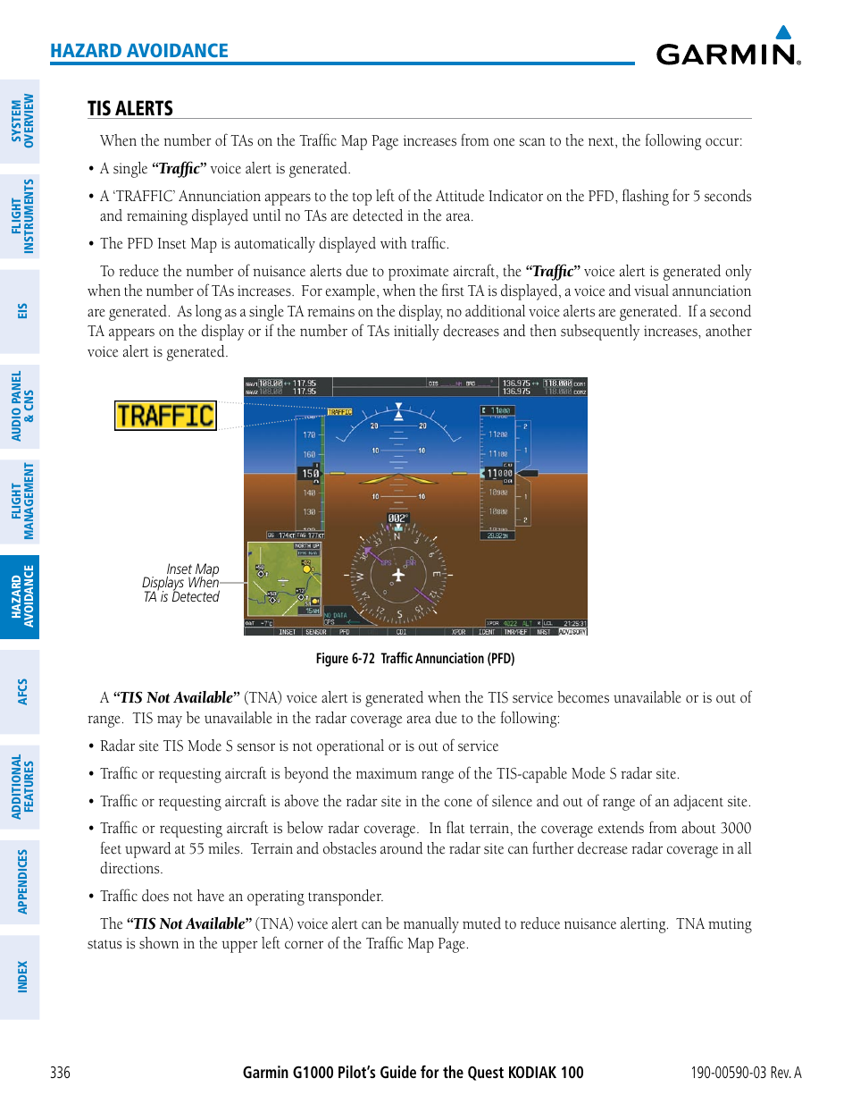 Tis alerts, Hazard avoidance | Garmin G1000 Quest Kodiak User Manual | Page 348 / 502