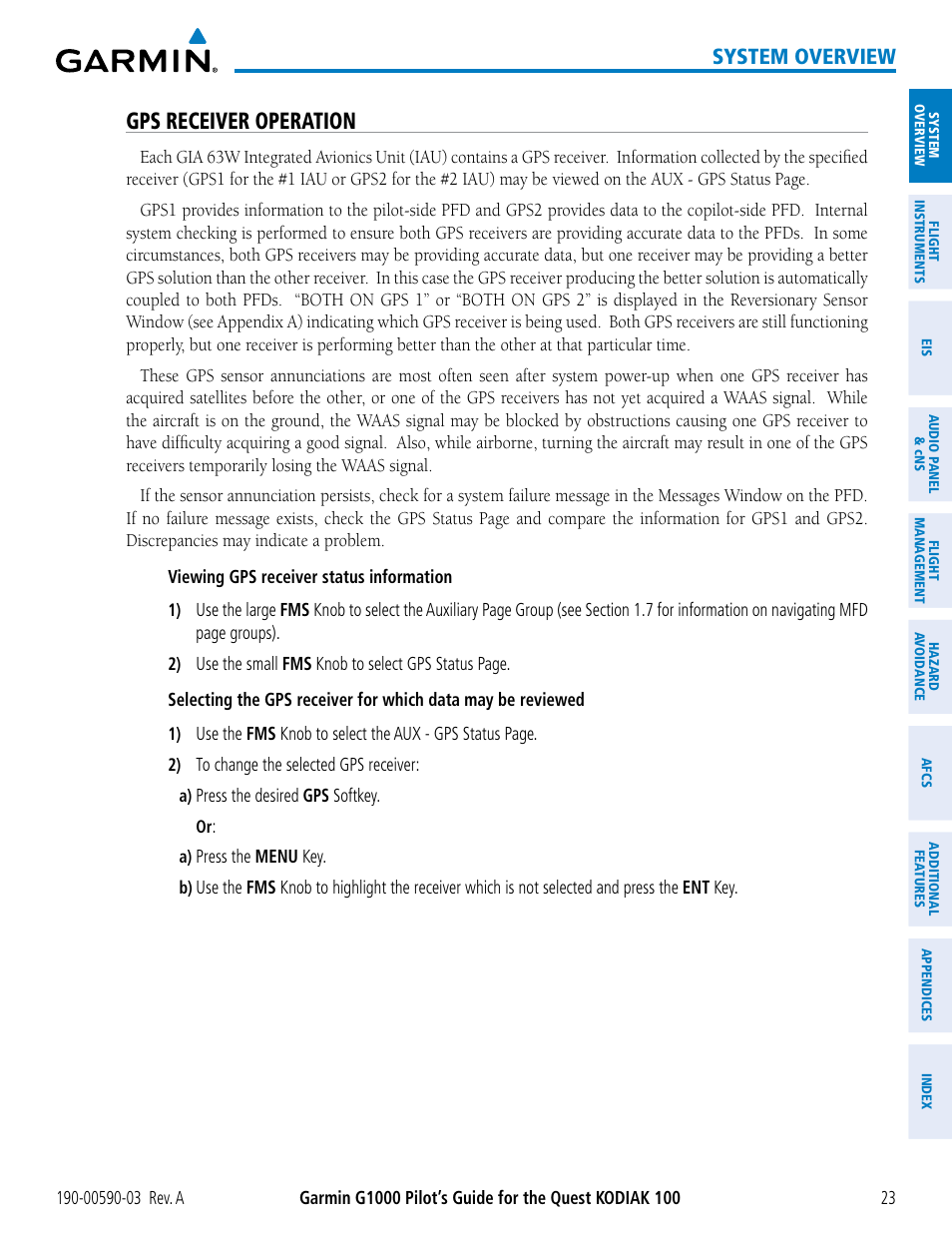 Gps receiver operation, System overview | Garmin G1000 Quest Kodiak User Manual | Page 35 / 502