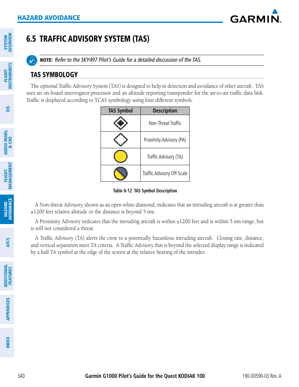 5 traffic advisory system (tas), Tas symbology, Hazard avoidance | Garmin G1000 Quest Kodiak User Manual | Page 352 / 502