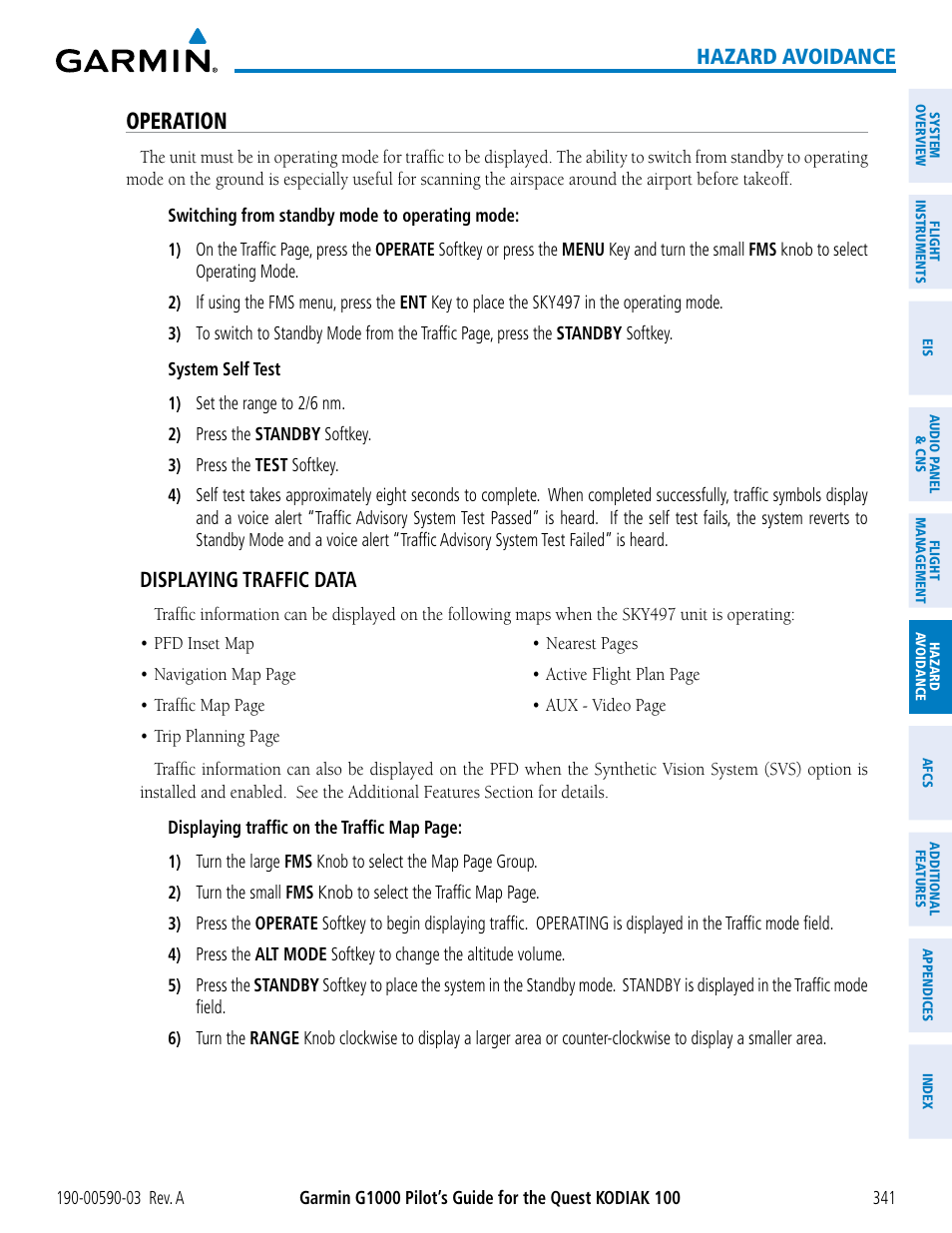 Operation, Hazard avoidance, Displaying traffic data | Garmin G1000 Quest Kodiak User Manual | Page 353 / 502