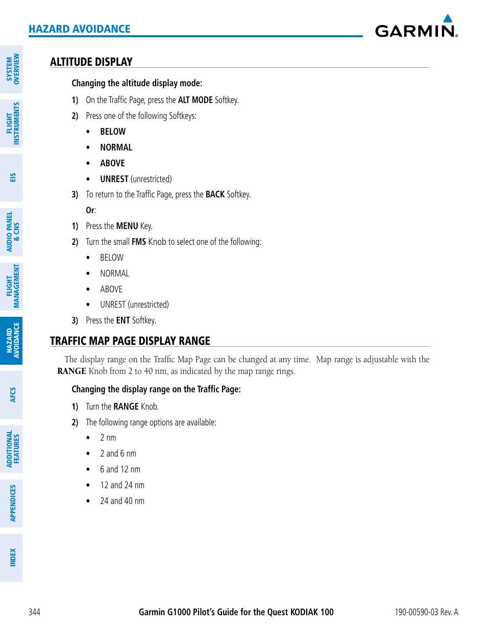 Altitude display, Traffic map page display range, Hazard avoidance | Garmin G1000 Quest Kodiak User Manual | Page 356 / 502