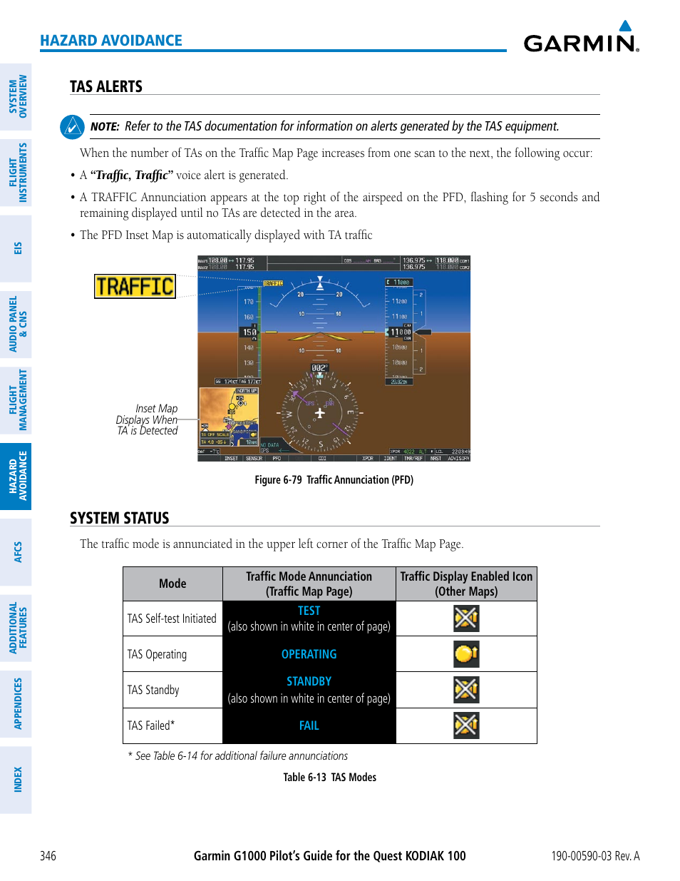 Tas alerts, System status, Hazard avoidance | Garmin G1000 Quest Kodiak User Manual | Page 358 / 502