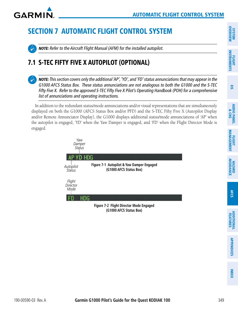 Section 7 automatic flight control system, 1 s-tec fifty five x autopilot (optional), Automatic flight control system | Garmin G1000 Quest Kodiak User Manual | Page 361 / 502