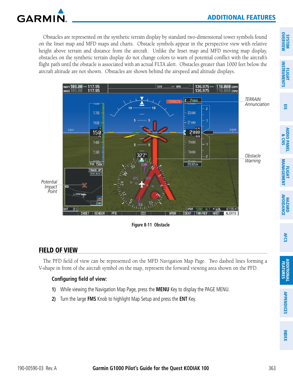 Field of view, Additional features | Garmin G1000 Quest Kodiak User Manual | Page 375 / 502