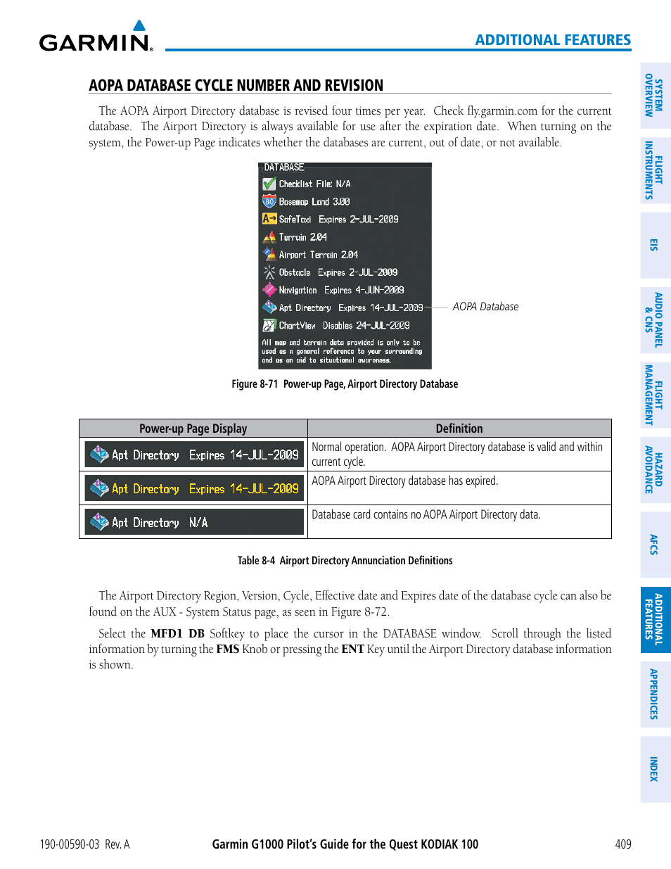 Aopa database cycle number and revision, Additional features | Garmin G1000 Quest Kodiak User Manual | Page 421 / 502