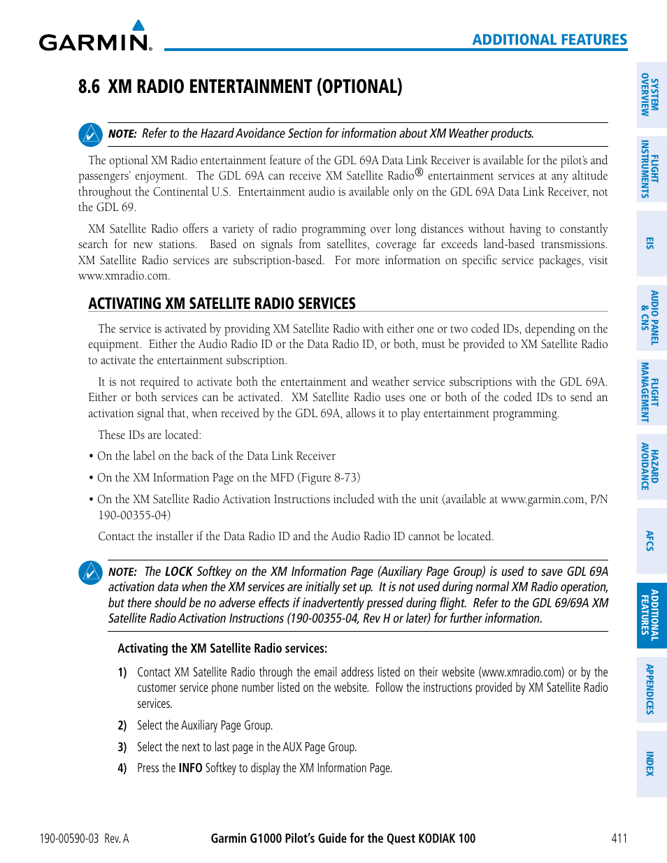 6 xm radio entertainment (optional), Activating xm satellite radio services, Additional features | Garmin G1000 Quest Kodiak User Manual | Page 423 / 502