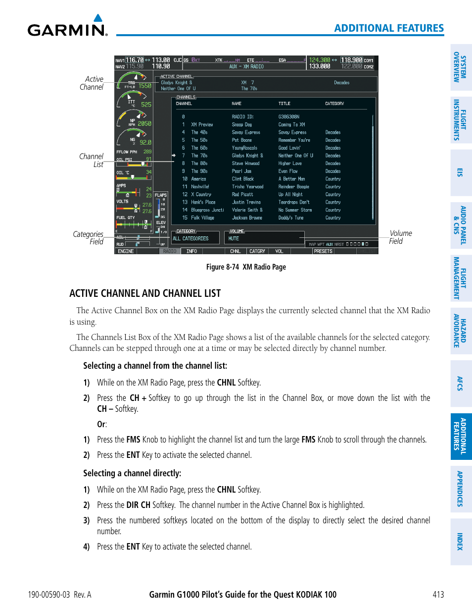 Additional features, Active channel and channel list | Garmin G1000 Quest Kodiak User Manual | Page 425 / 502