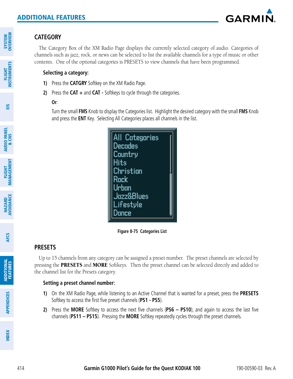 Additional features, Category, Presets | Garmin G1000 Quest Kodiak User Manual | Page 426 / 502