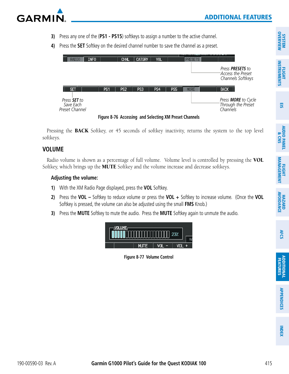 Additional features, Volume | Garmin G1000 Quest Kodiak User Manual | Page 427 / 502