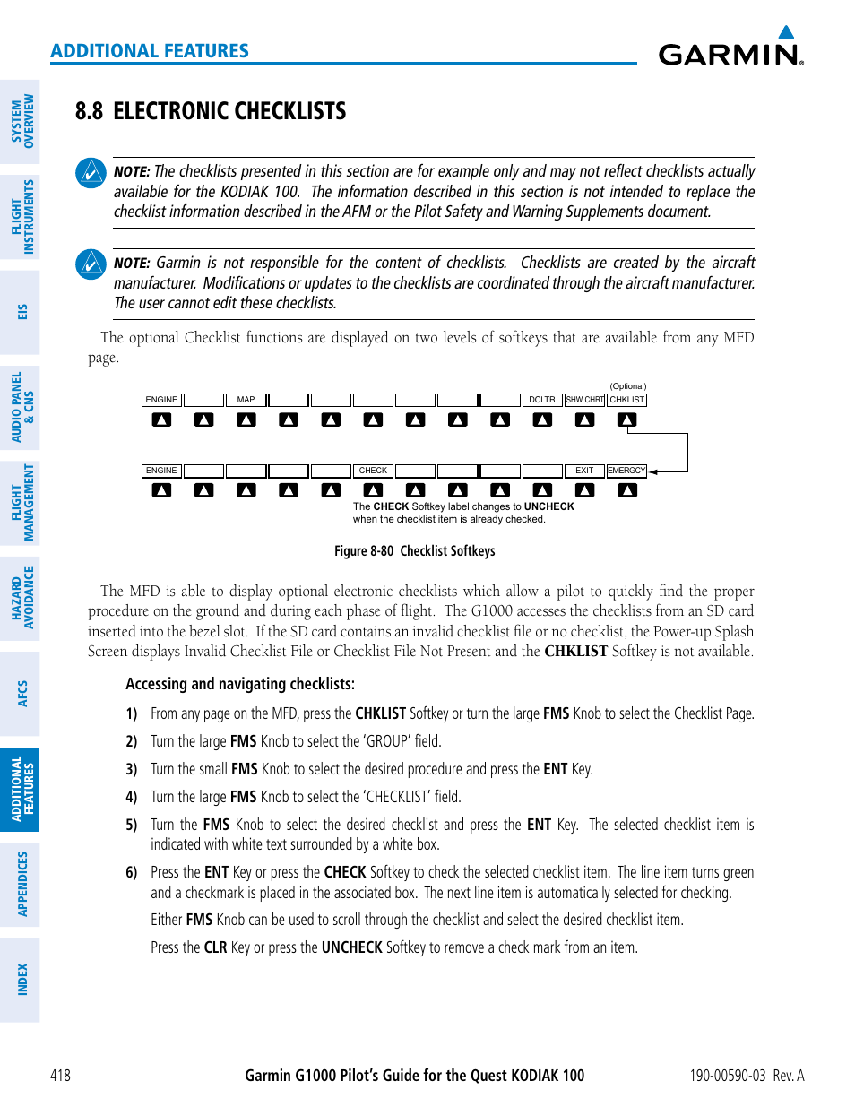 8 electronic checklists, Additional features | Garmin G1000 Quest Kodiak User Manual | Page 430 / 502