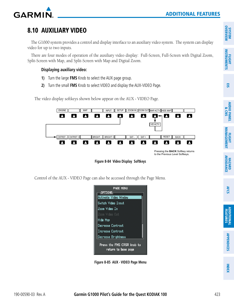 10 auxiliary video, Additional features, Turn the small | Garmin G1000 Quest Kodiak User Manual | Page 435 / 502