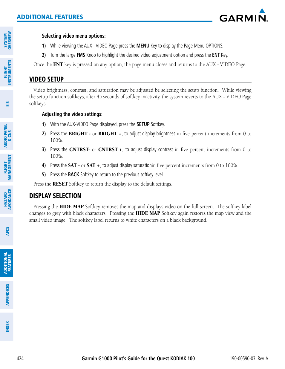 Video setup, Display selection, Additional features | Garmin G1000 Quest Kodiak User Manual | Page 436 / 502