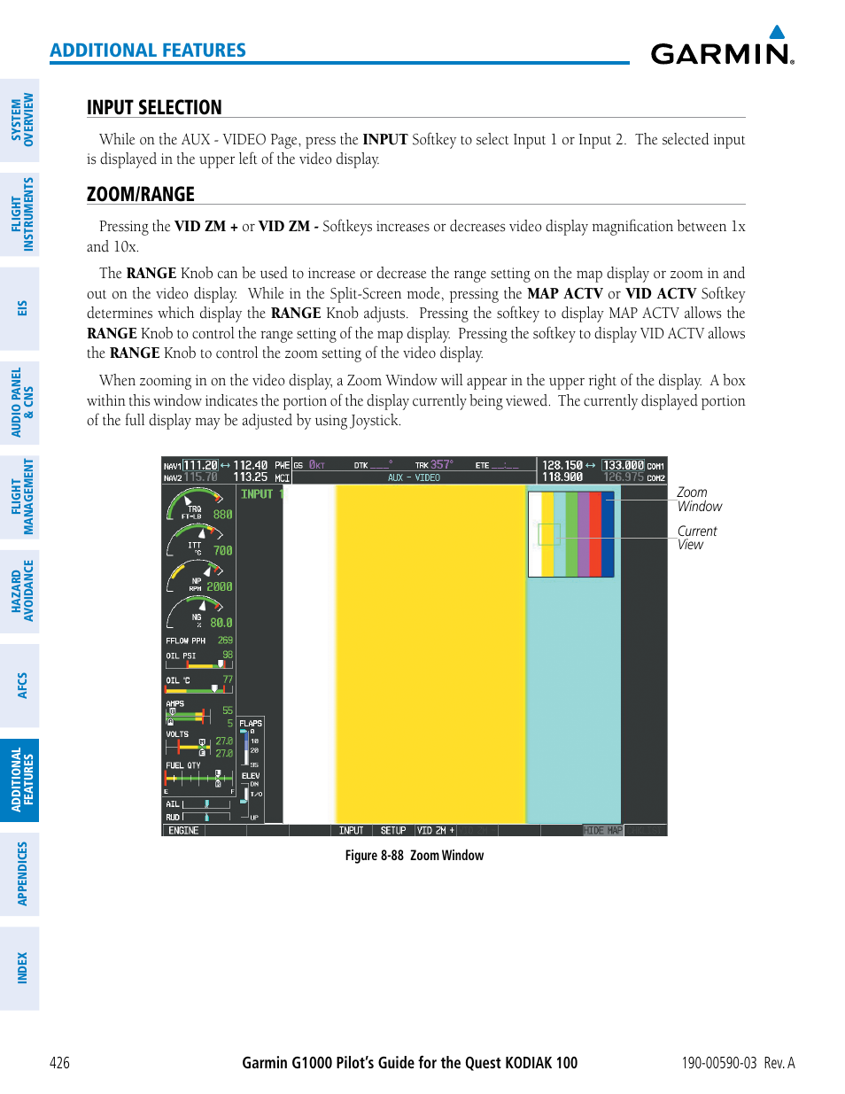 Input selection, Zoom/range, Additional features | Garmin G1000 Quest Kodiak User Manual | Page 438 / 502