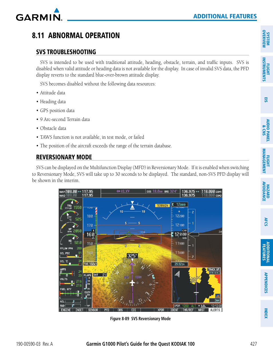 11 abnormal operation, Svs troubleshooting, Reversionary mode | Additional features | Garmin G1000 Quest Kodiak User Manual | Page 439 / 502