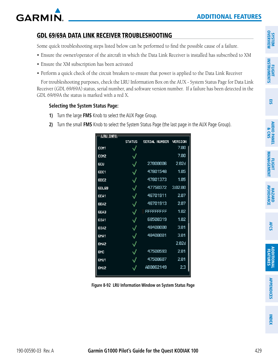 Gdl 69/69a data link receiver troubleshooting, Additional features | Garmin G1000 Quest Kodiak User Manual | Page 441 / 502