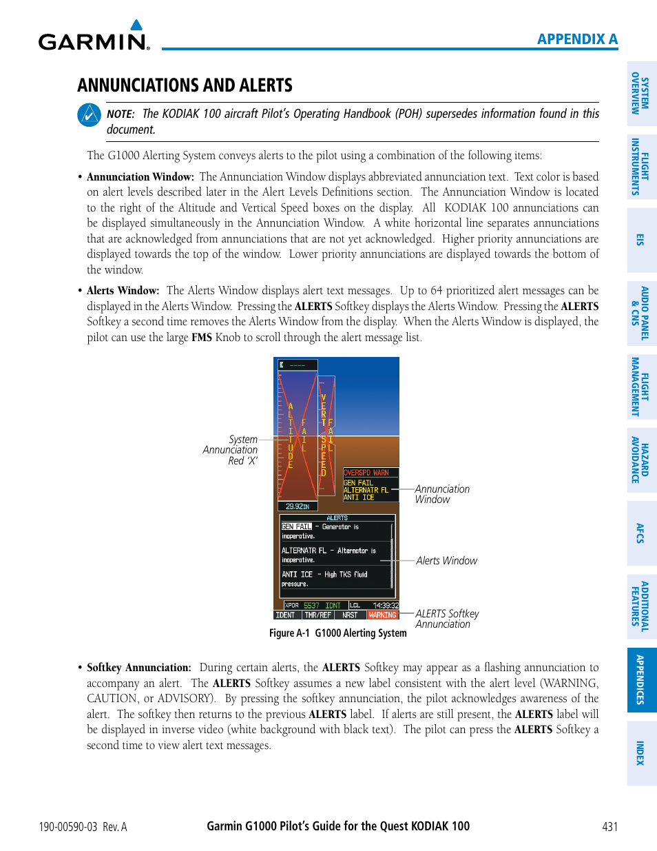 Appendices, Annunciations and alerts, Appendix a | Garmin G1000 Quest Kodiak User Manual | Page 443 / 502