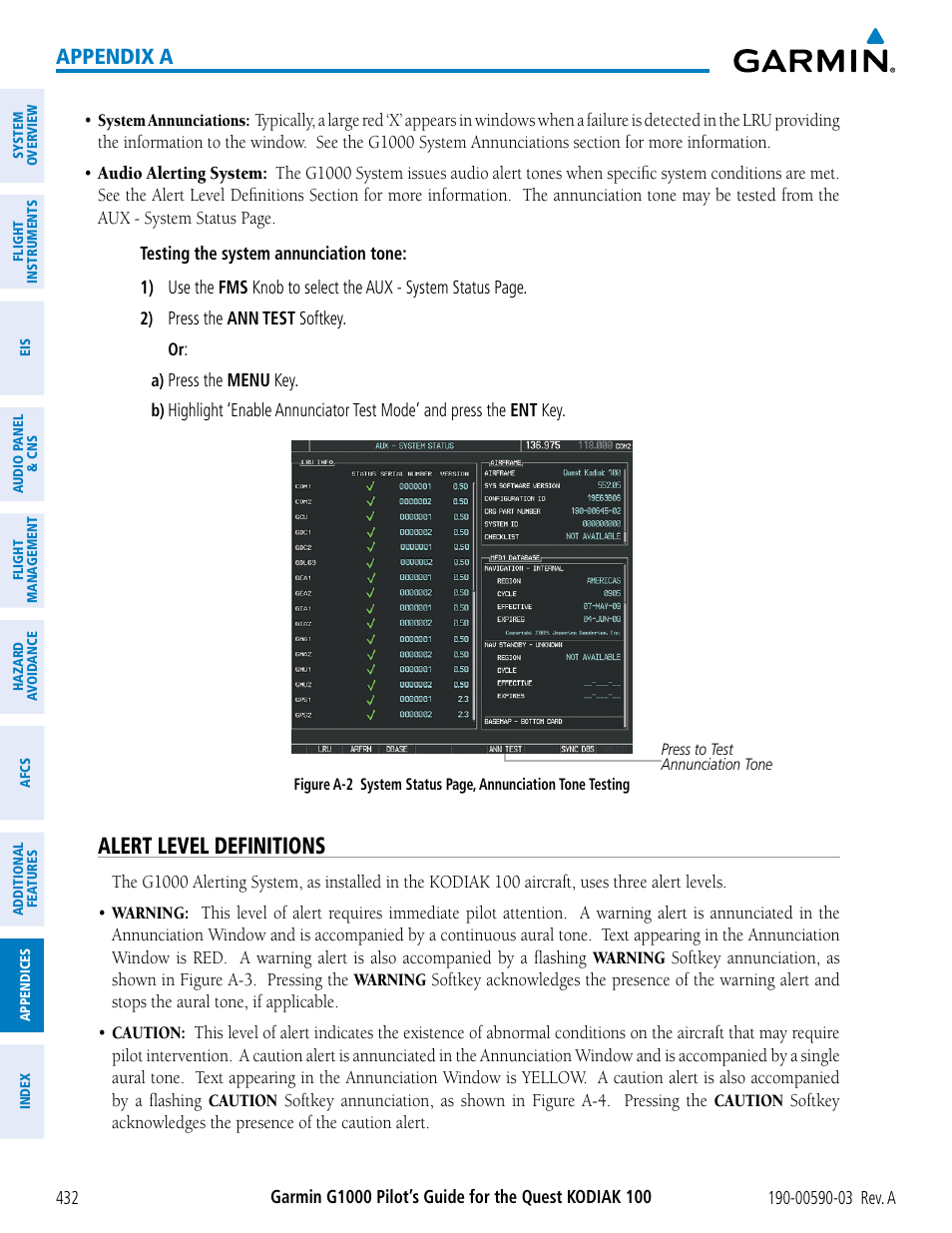 Alert level definitions, Appendix a | Garmin G1000 Quest Kodiak User Manual | Page 444 / 502