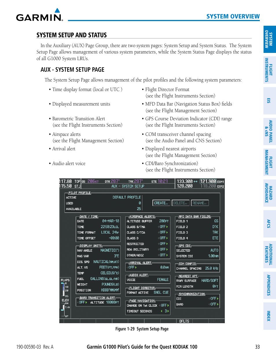 System setup and status, System overview, Aux - system setup page | Garmin G1000 Quest Kodiak User Manual | Page 45 / 502