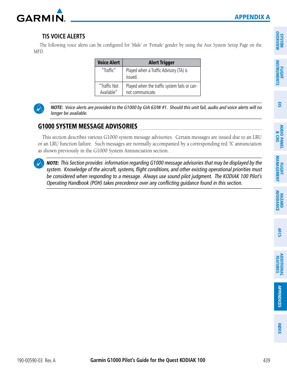 G1000 system message advisories, Appendix a tis voice alerts | Garmin G1000 Quest Kodiak User Manual | Page 451 / 502