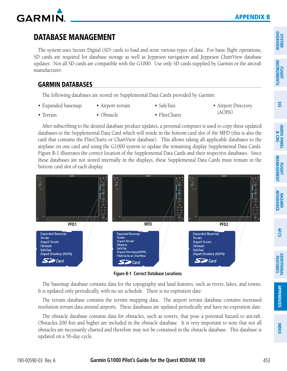 Database management, Garmin databases, Appendix b | Garmin G1000 Quest Kodiak User Manual | Page 465 / 502