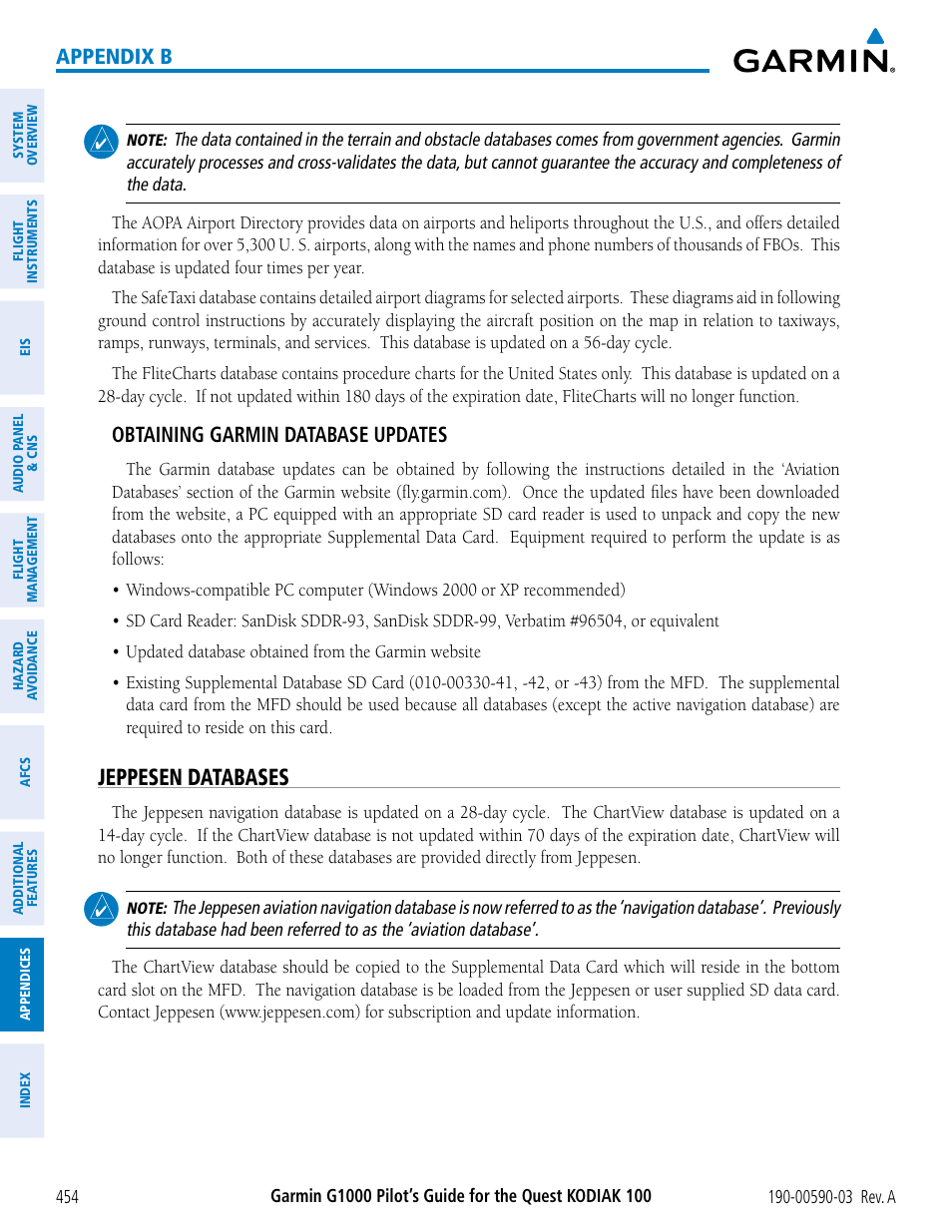 Jeppesen databases, Appendix b, Obtaining garmin database updates | Garmin G1000 Quest Kodiak User Manual | Page 466 / 502