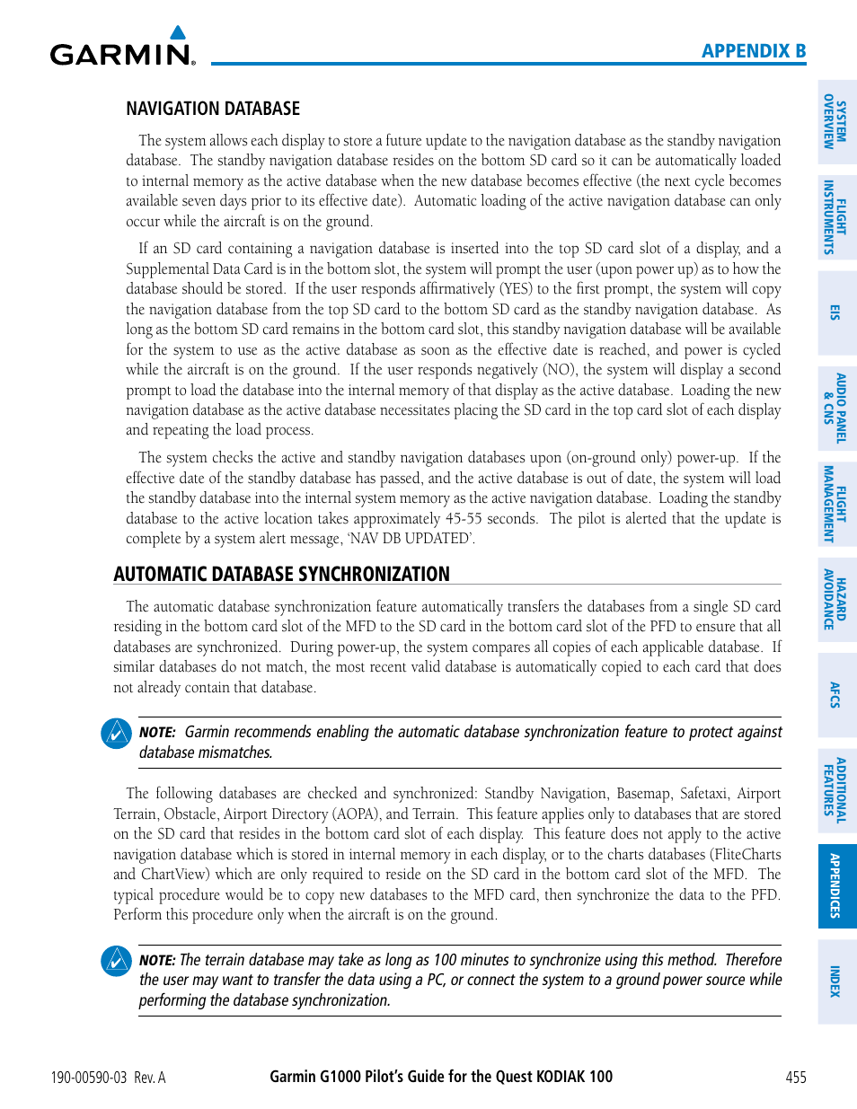 Automatic database synchronization, Appendix b navigation database | Garmin G1000 Quest Kodiak User Manual | Page 467 / 502