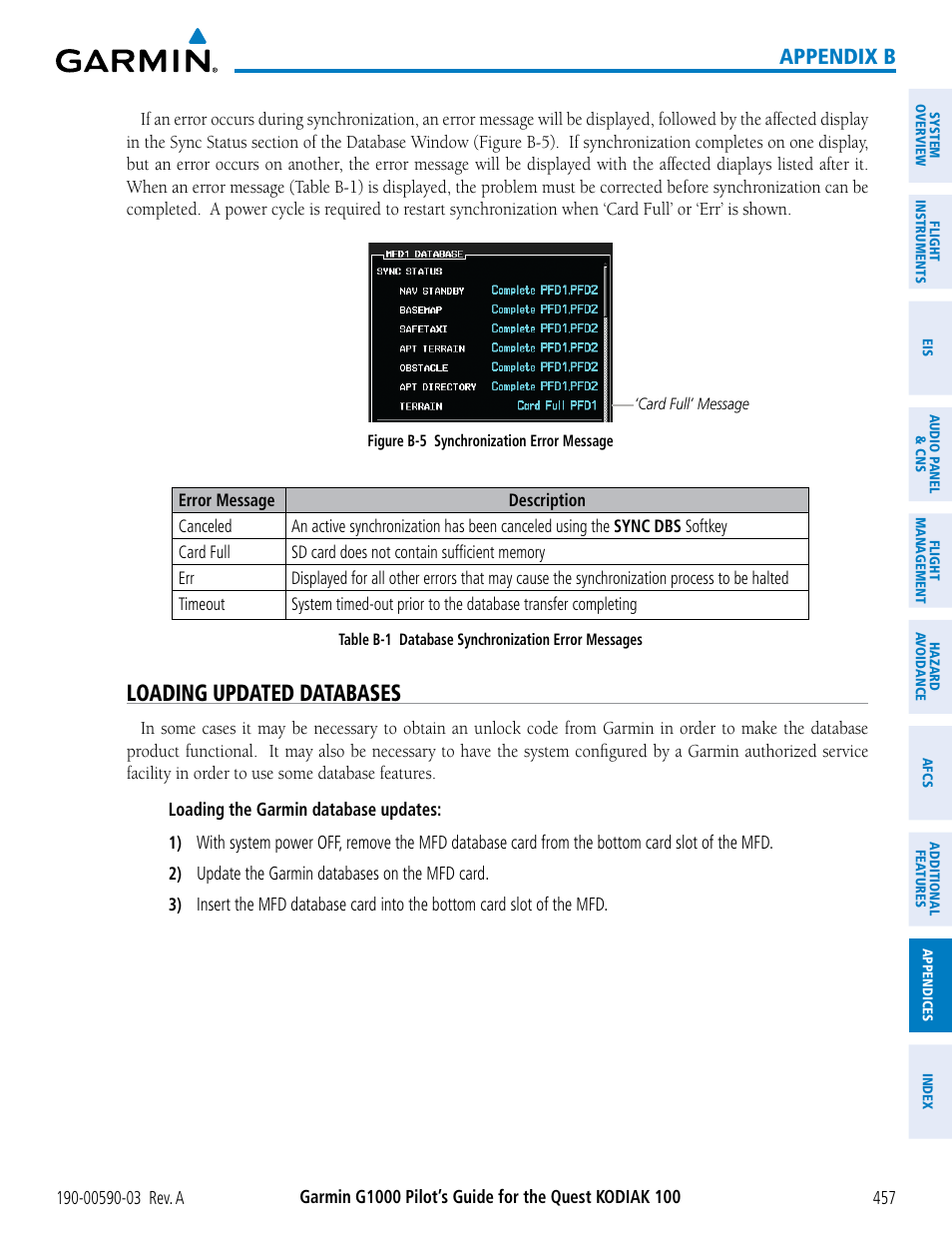 Loading updated databases, Appendix b | Garmin G1000 Quest Kodiak User Manual | Page 469 / 502