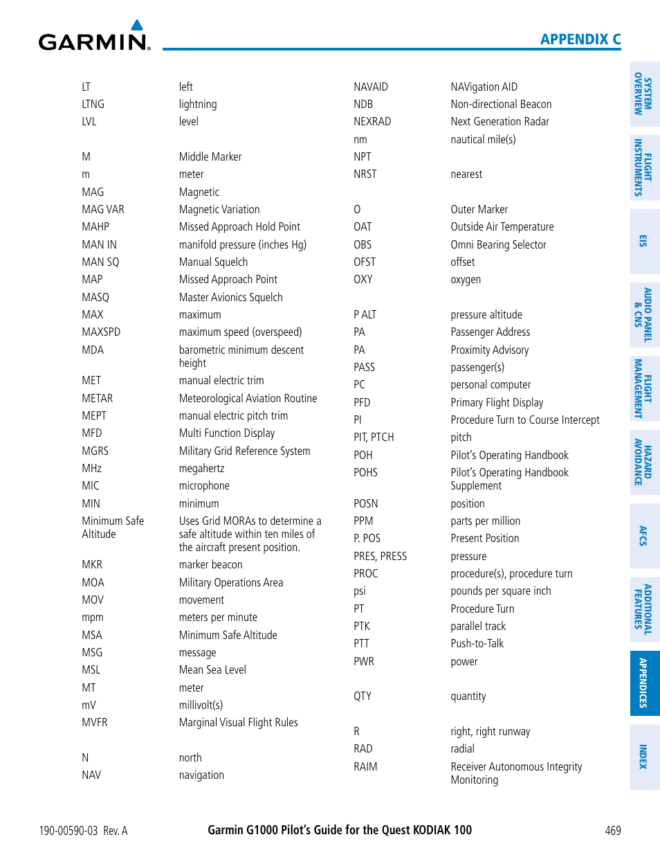 Appendix c | Garmin G1000 Quest Kodiak User Manual | Page 481 / 502