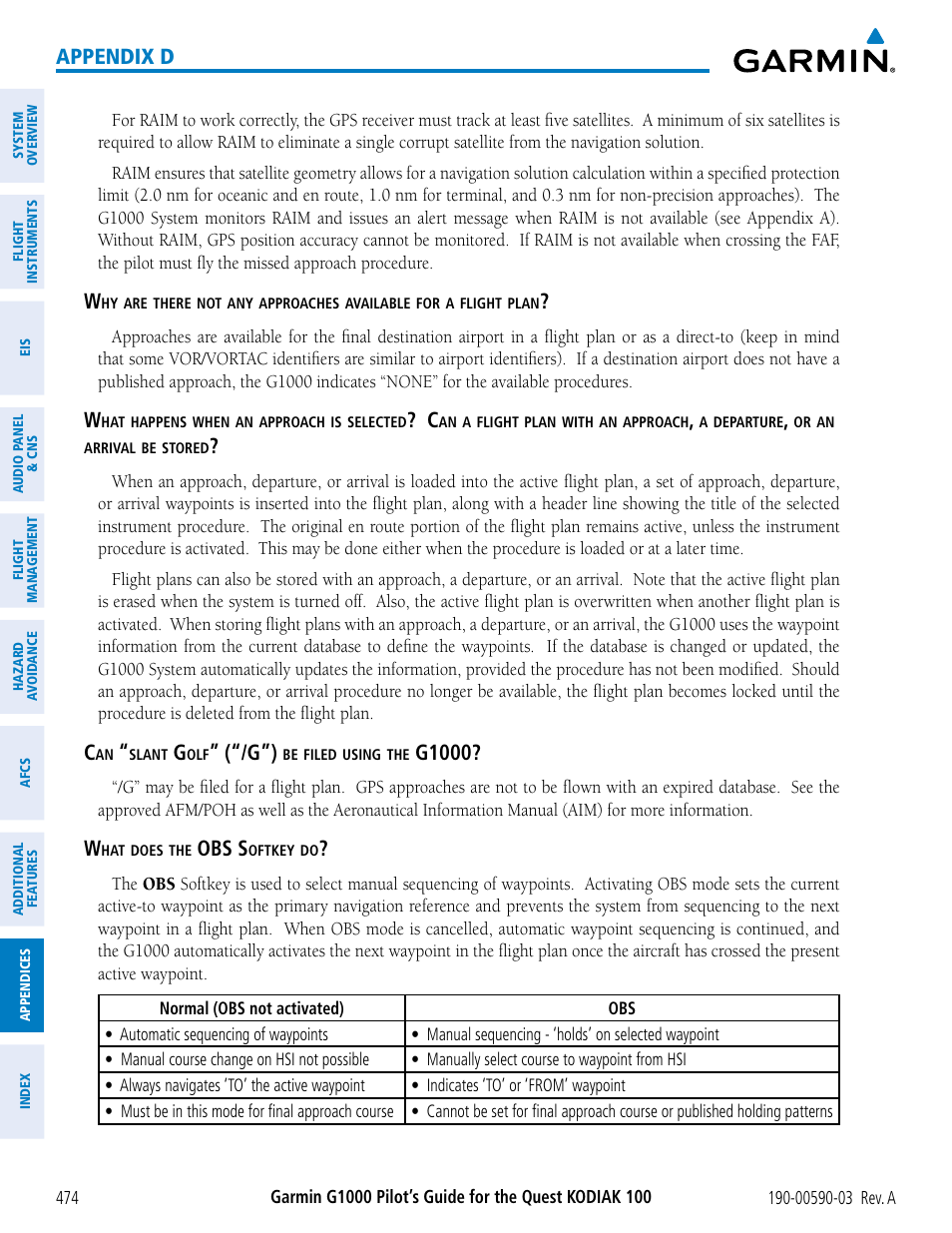 Appendix d, G1000, Obs s | Garmin G1000 Quest Kodiak User Manual | Page 486 / 502