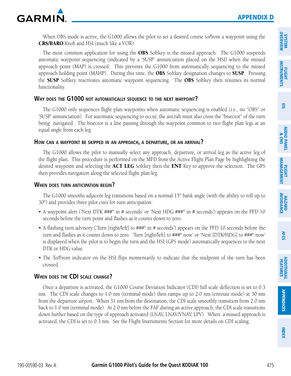 Appendix d, G1000 | Garmin G1000 Quest Kodiak User Manual | Page 487 / 502