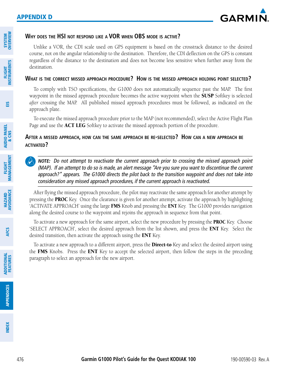 Appendix d w | Garmin G1000 Quest Kodiak User Manual | Page 488 / 502