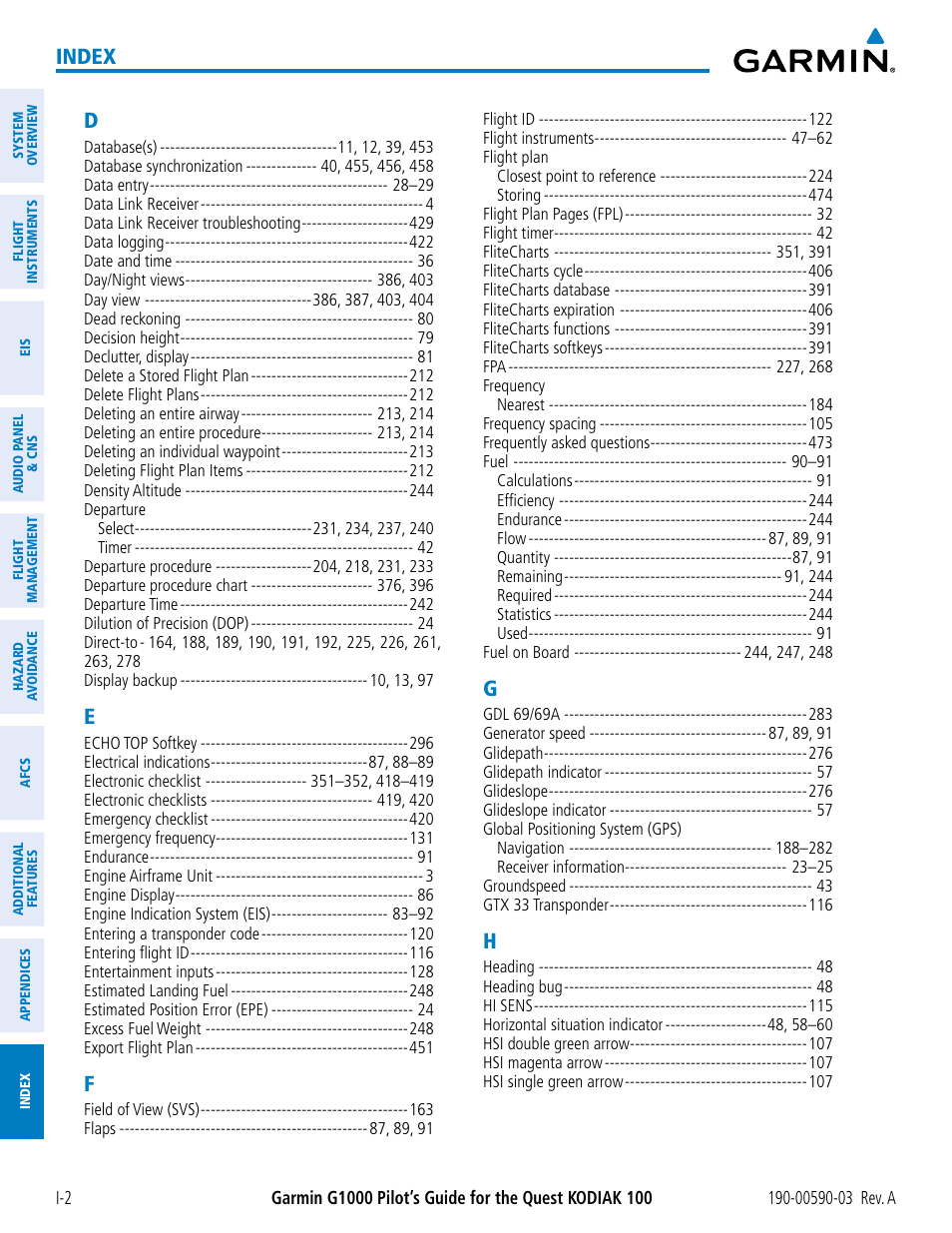 Index | Garmin G1000 Quest Kodiak User Manual | Page 496 / 502