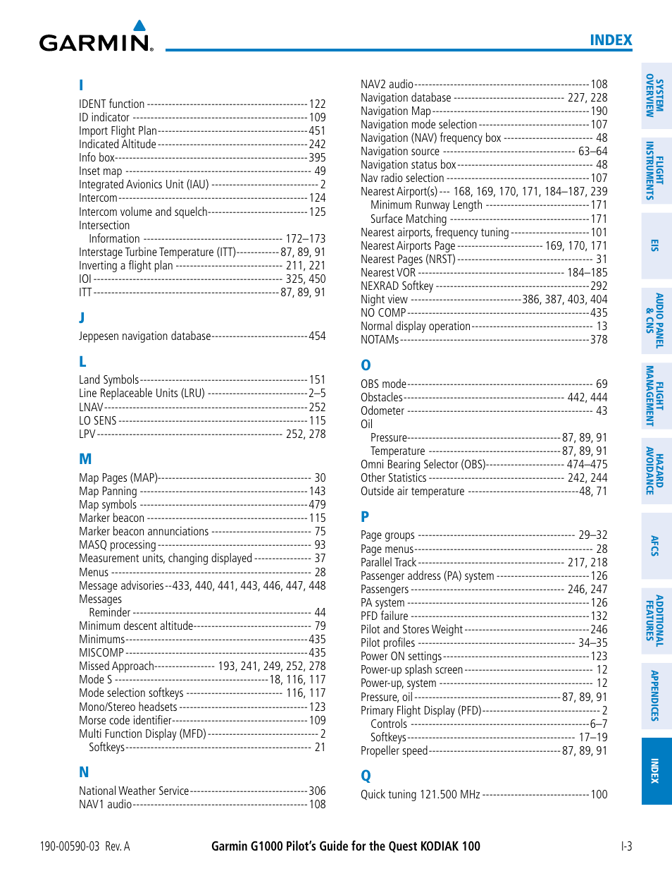 Index | Garmin G1000 Quest Kodiak User Manual | Page 497 / 502