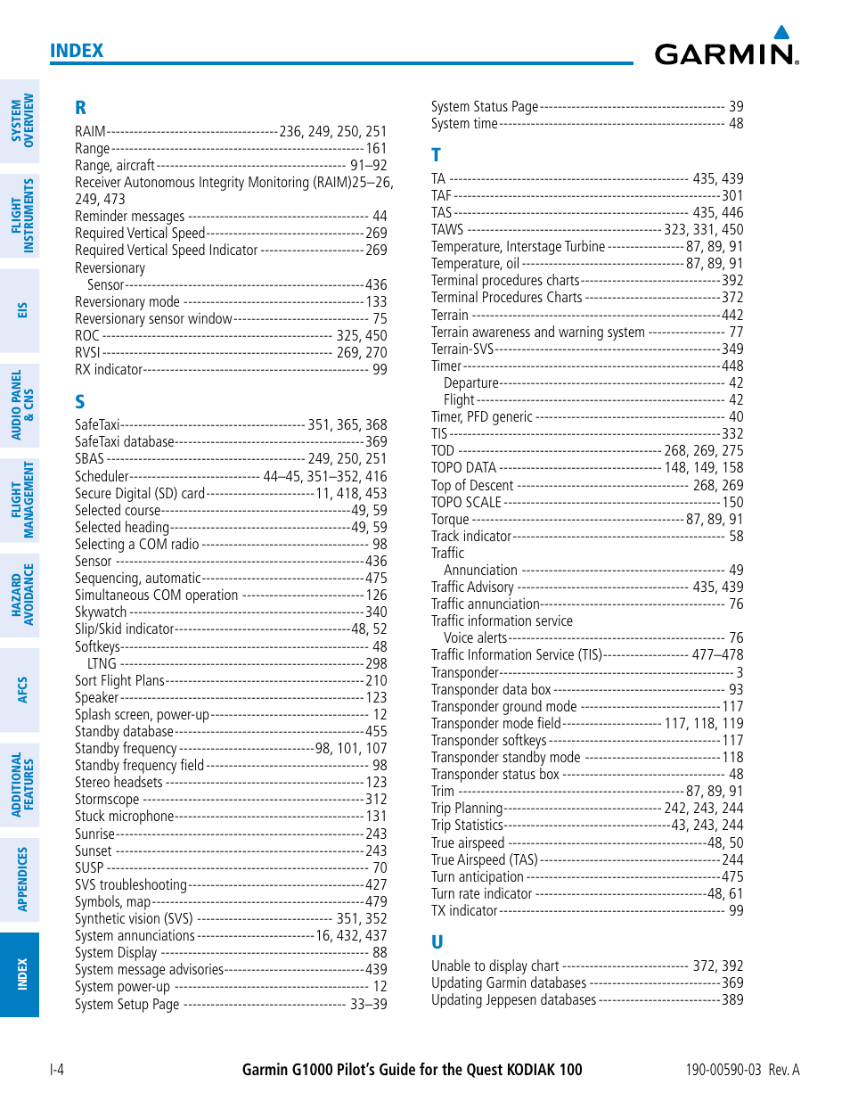 Index | Garmin G1000 Quest Kodiak User Manual | Page 498 / 502