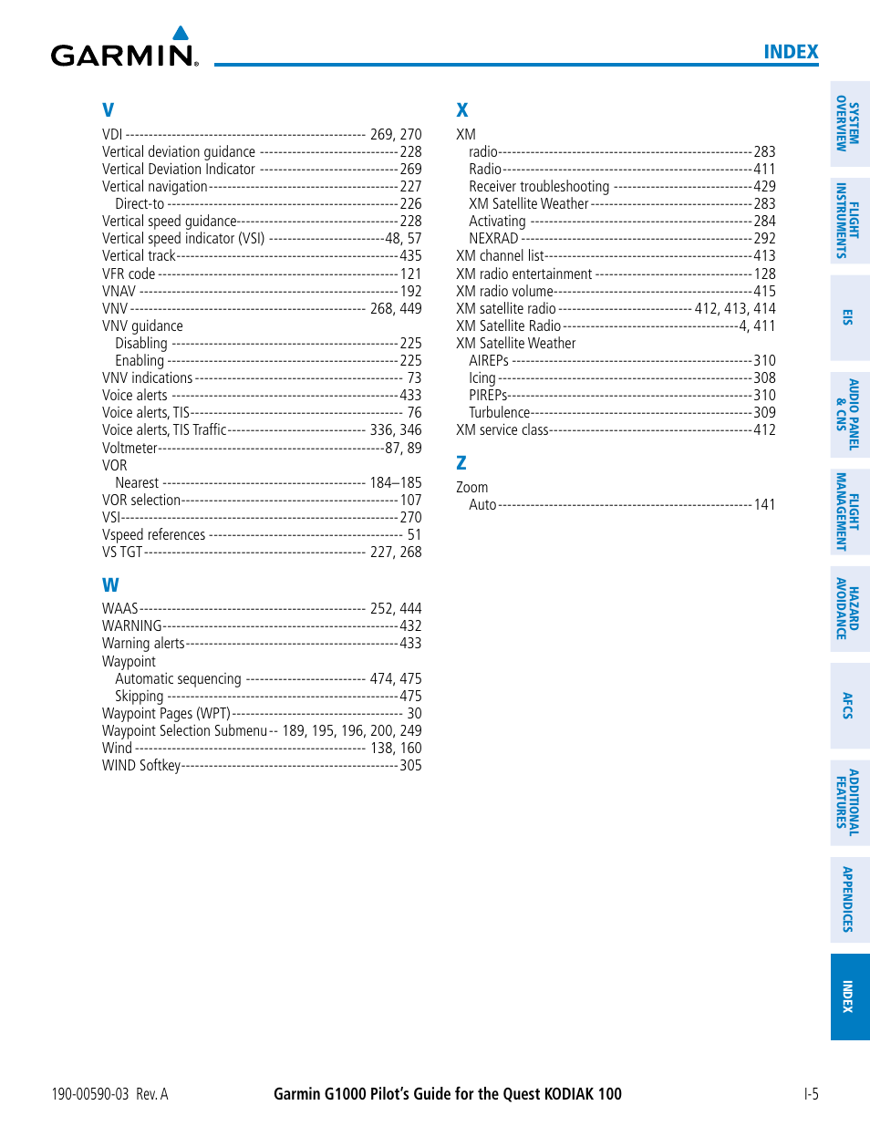 Index | Garmin G1000 Quest Kodiak User Manual | Page 499 / 502