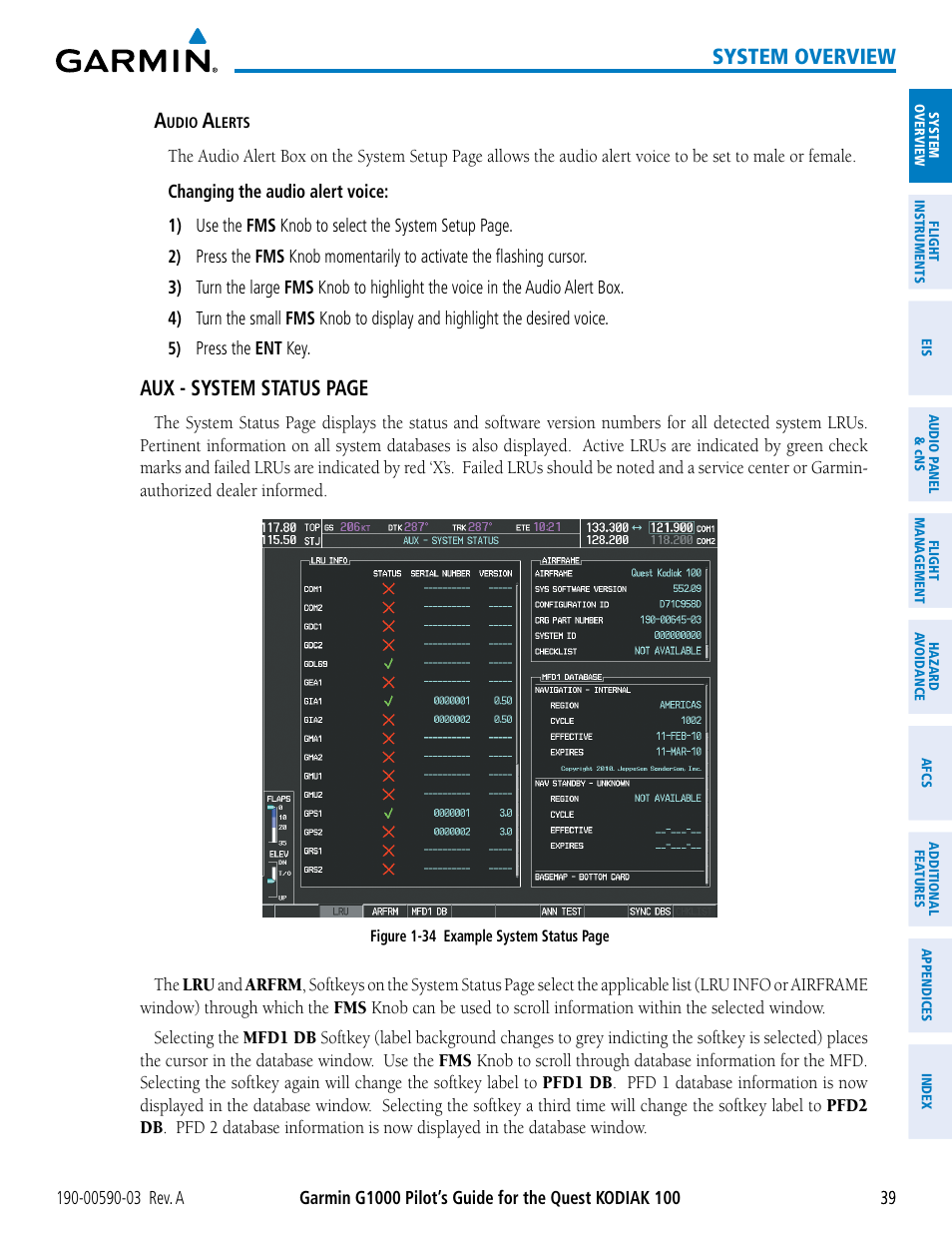 System overview, Aux - system status page | Garmin G1000 Quest Kodiak User Manual | Page 51 / 502