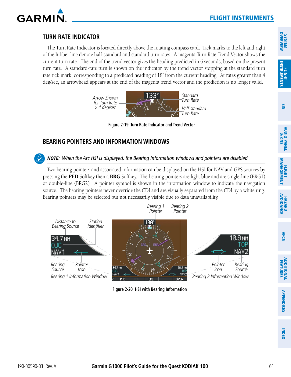 Flight instruments, Turn rate indicator, Bearing pointers and information windows | Garmin G1000 Quest Kodiak User Manual | Page 73 / 502