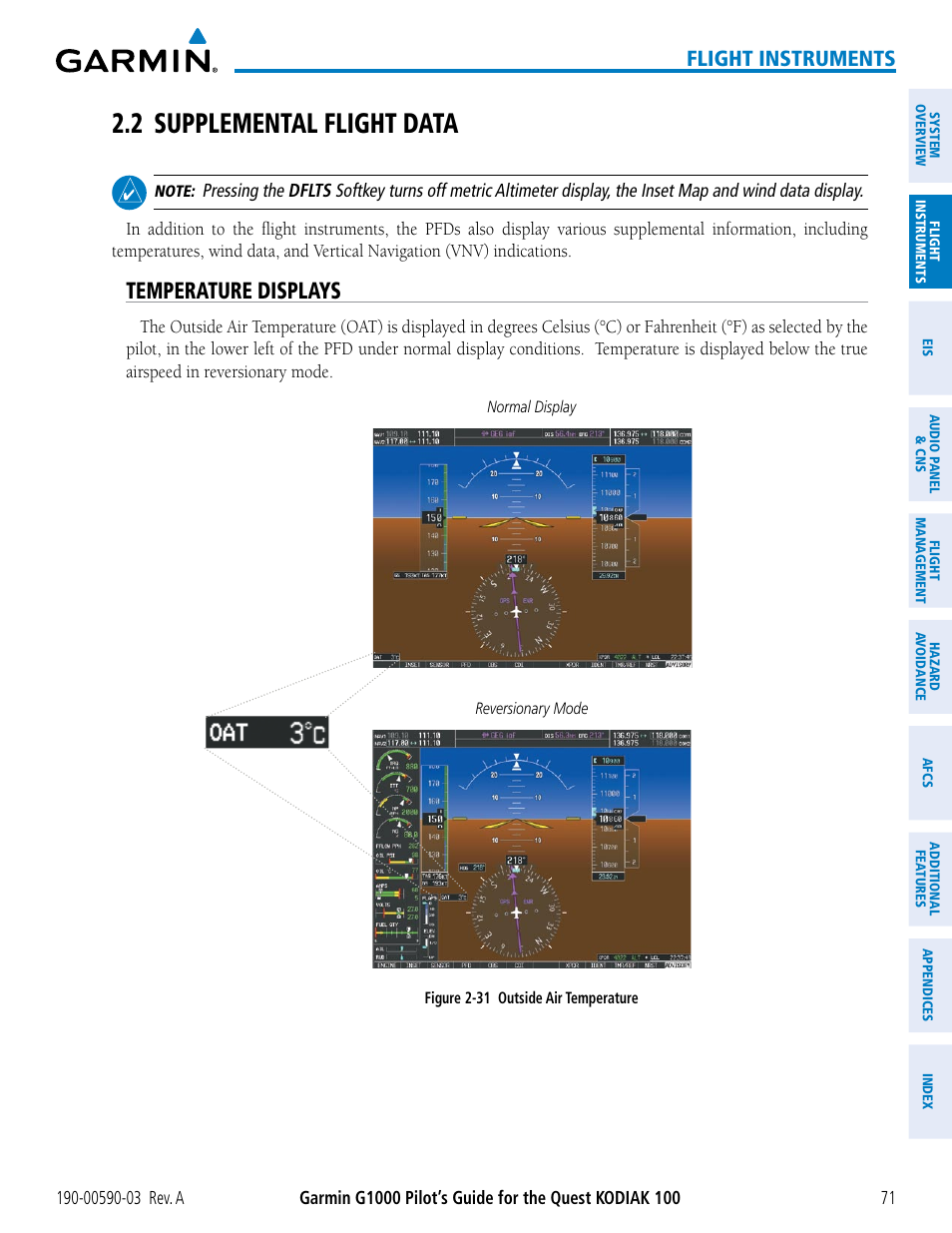 2 supplemental flight data, Temperature displays, Flight instruments | Garmin G1000 Quest Kodiak User Manual | Page 83 / 502