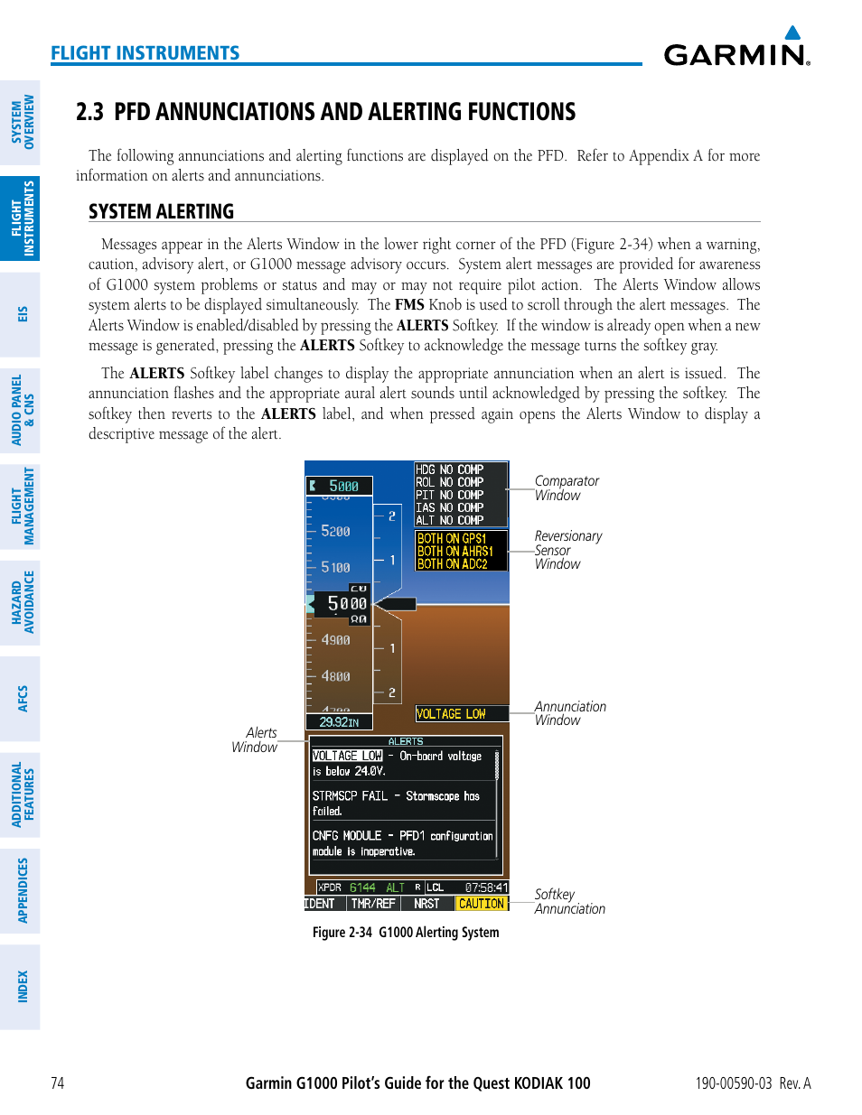 3 pfd annunciations and alerting functions, System alerting, Flight instruments | Garmin G1000 Quest Kodiak User Manual | Page 86 / 502