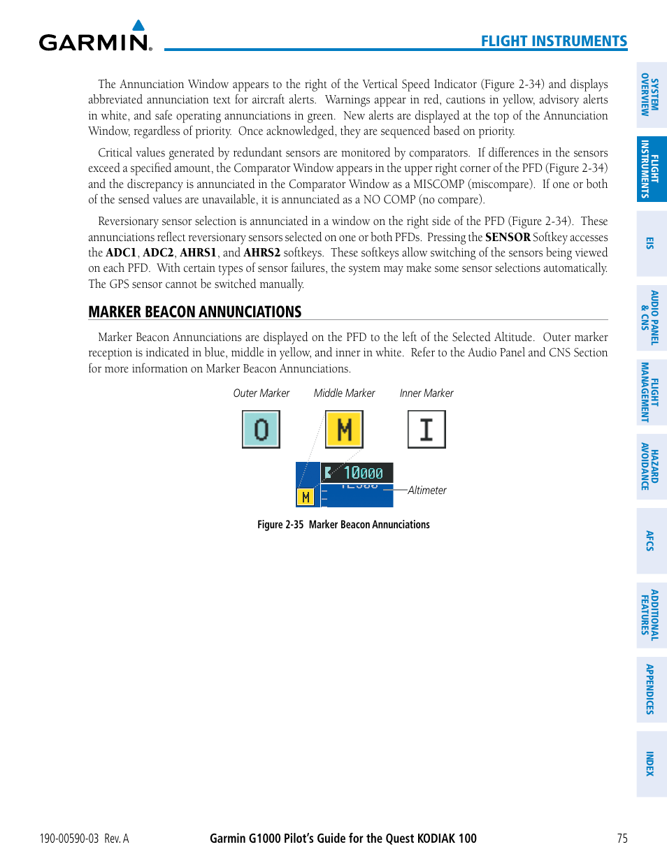 Marker beacon annunciations, Flight instruments | Garmin G1000 Quest Kodiak User Manual | Page 87 / 502